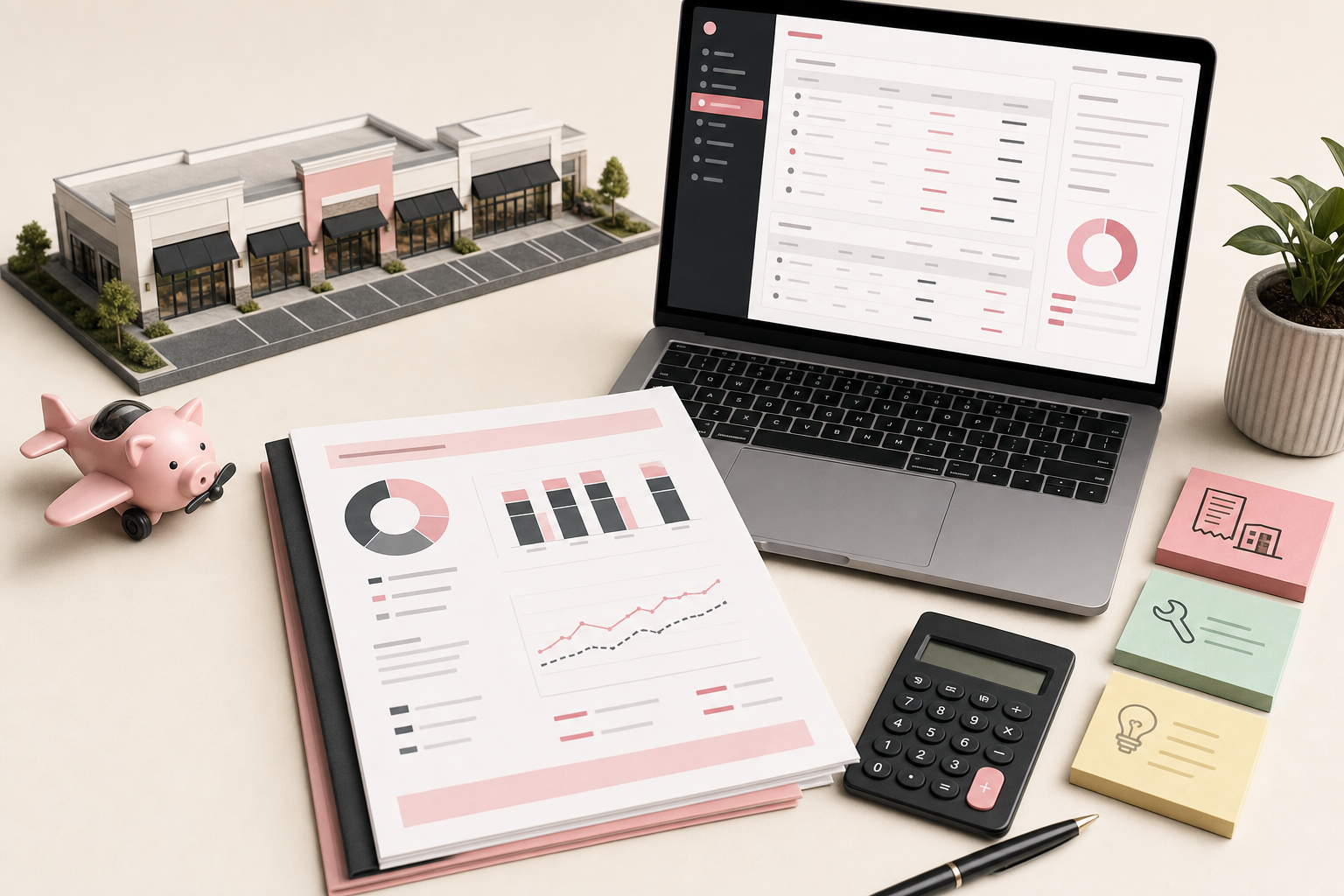 Commercial landlord owner variance packet with a budget-versus-actual review, retail property context, accounting reconciliation screen, and recoverable expense notes.