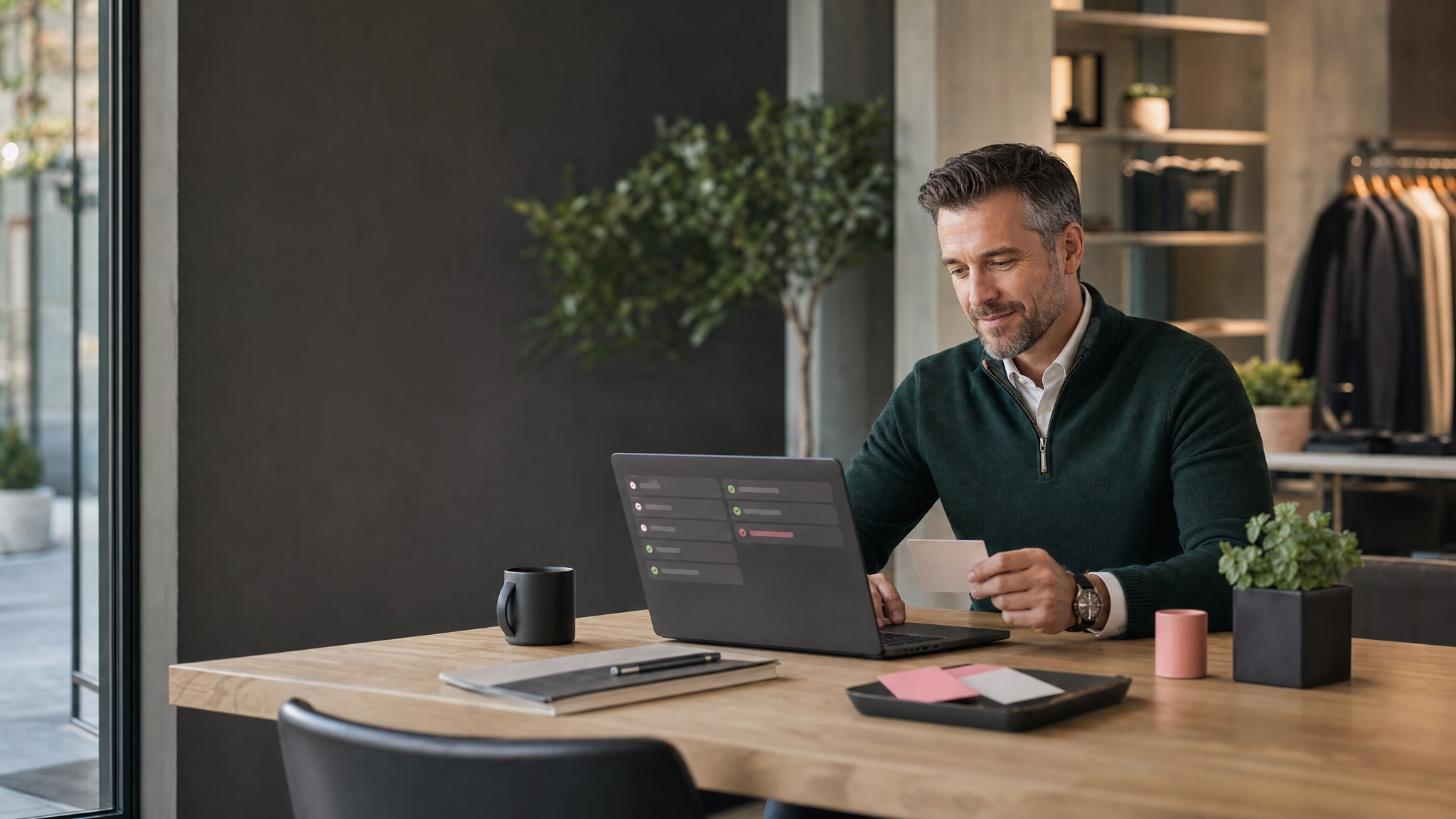 Commercial property manager reviewing a maintenance log and vendor schedule at a desk.