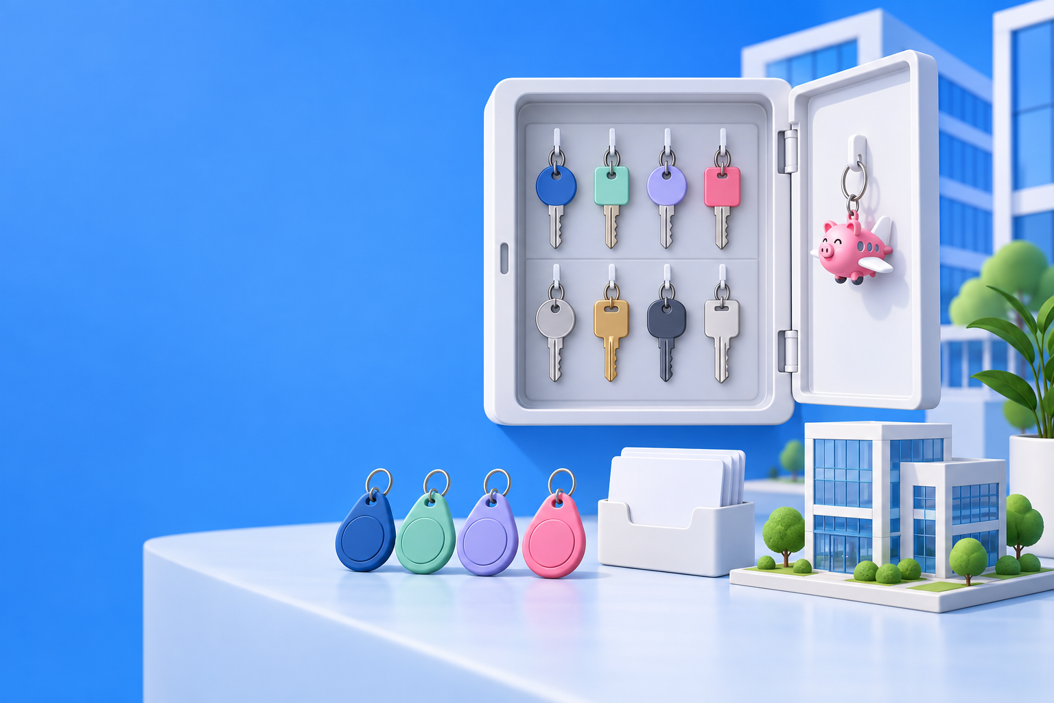 Organized commercial property key cabinet with color-coded keys, RFID access fobs, access cards, and a small office building model on a blue background.