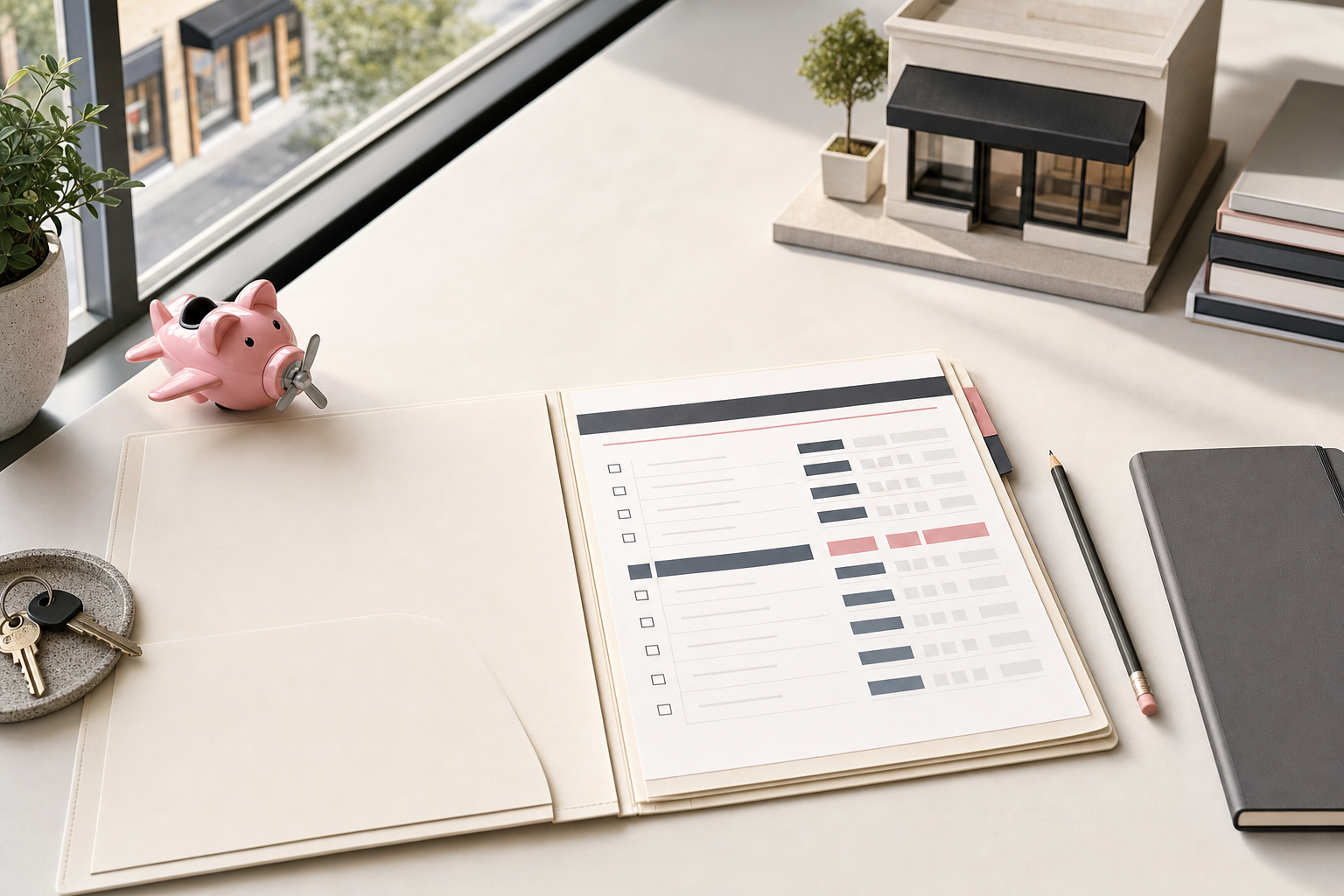 Commercial landlord desk with a lease abstract checklist, keys, and a retail property model.