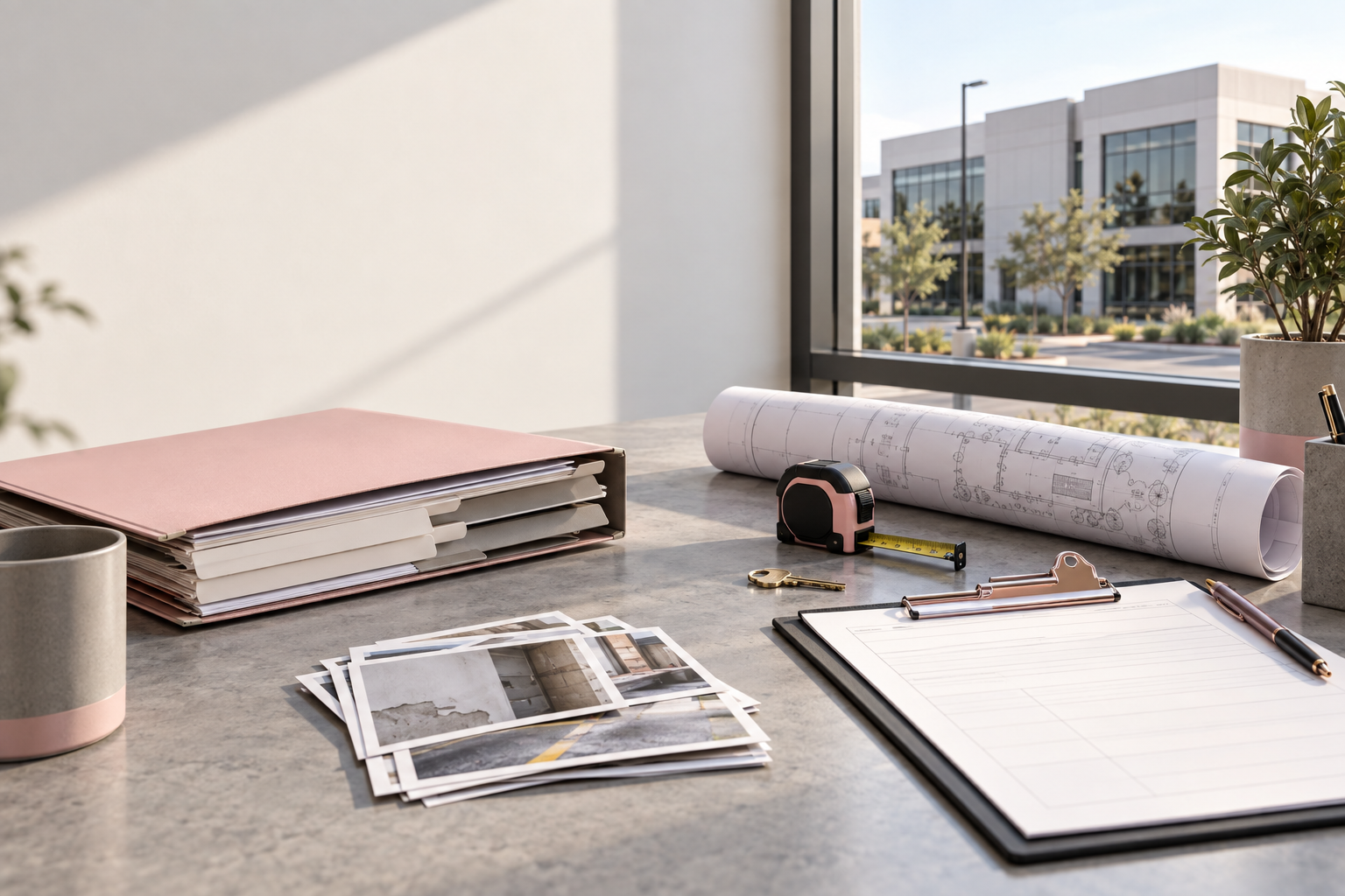 Commercial property claim record materials organized beside a damaged building exterior