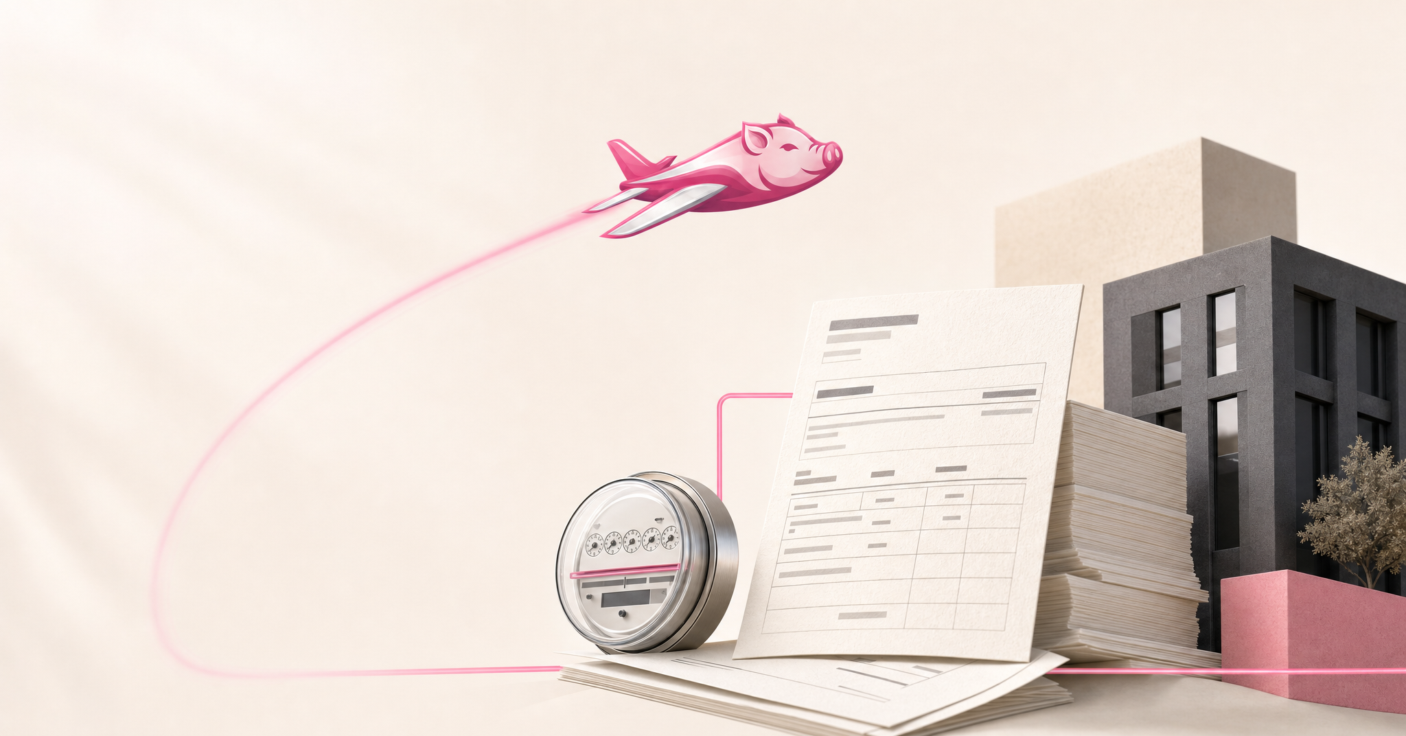 PigJet utility reimbursement workflow connecting a meter, lease documents, tenant billing records, and a commercial building.