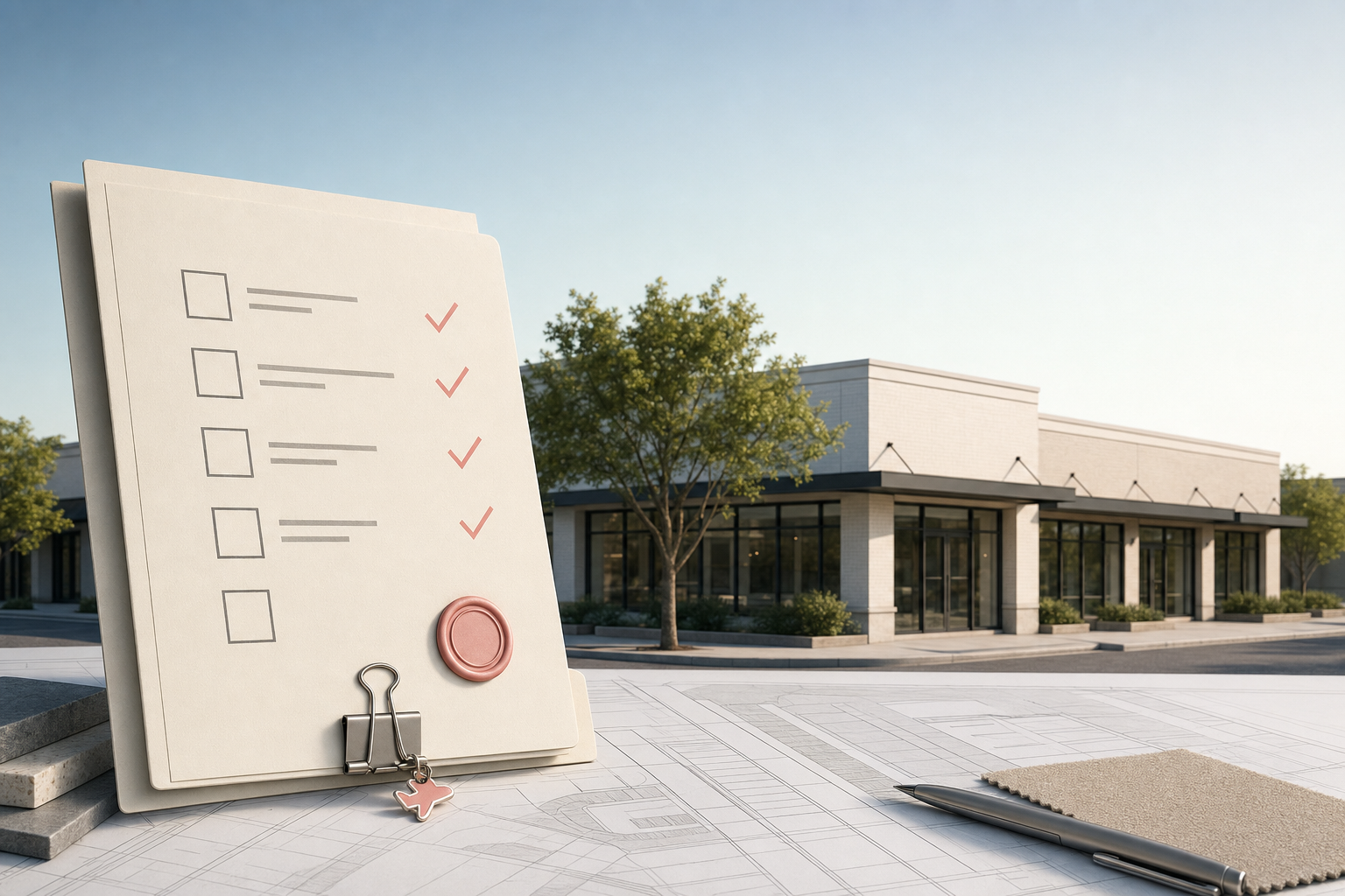 Illustrated commercial retail property behind a clean tenant estoppel checklist with coral verification marks and a binder clip.