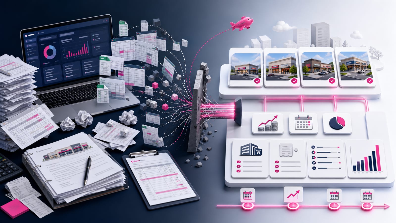 PigJet-style workflow image showing QuickBooks and spreadsheet clutter becoming organized NNN property operations with CAM, lease date, and rent escalation controls.