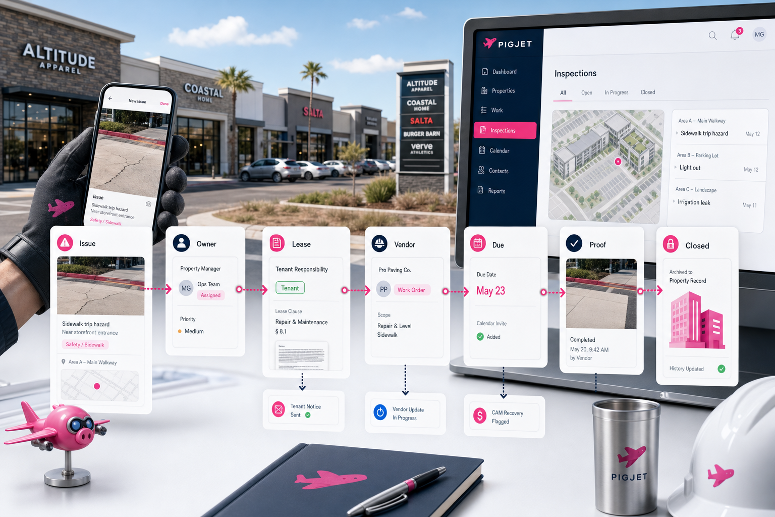 PigJet retail inspection workflow showing an open-air shopping center finding moving through owner assignment, lease responsibility, vendor follow-up, due date, proof, and closed property record.