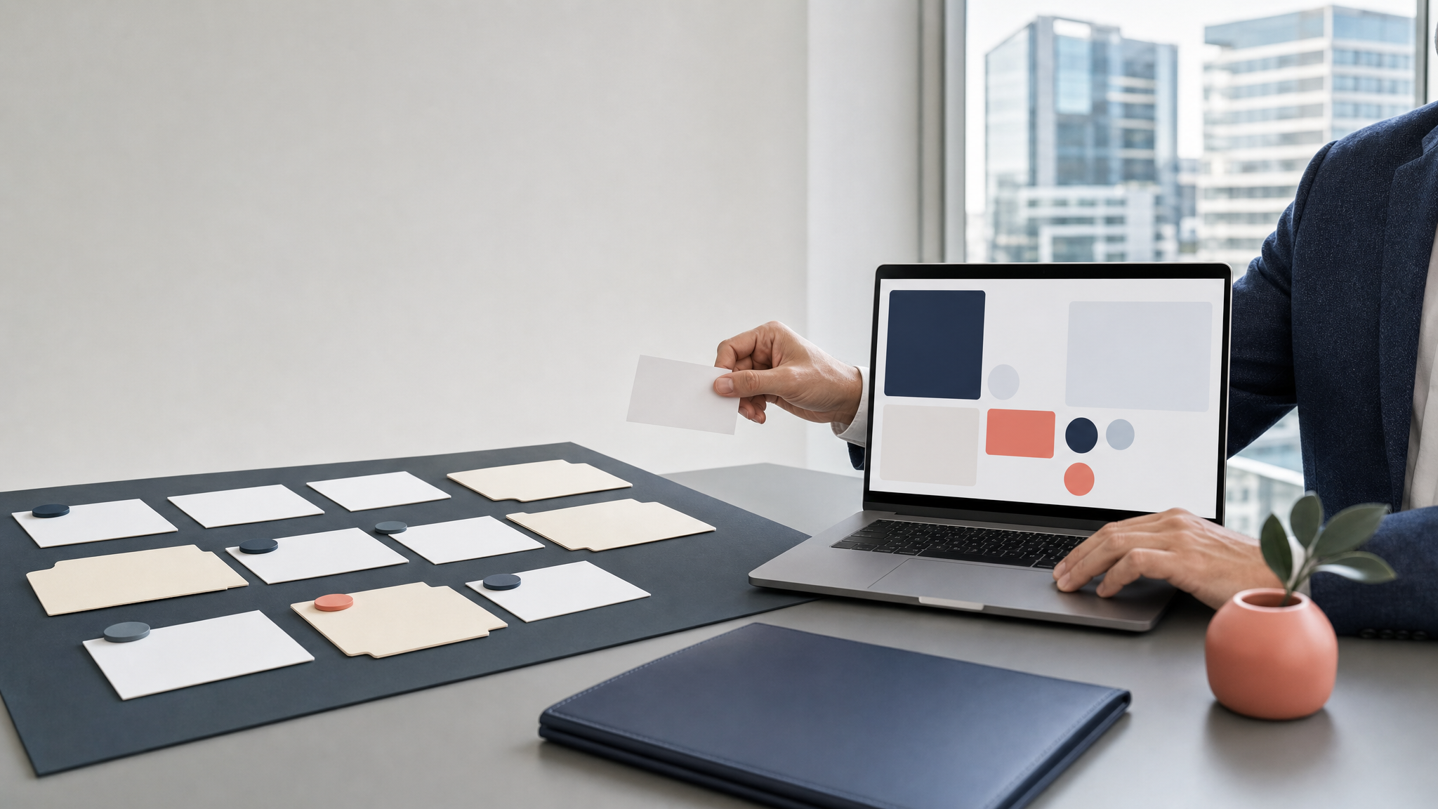 Commercial property manager moving lease record cards into a software workspace.
