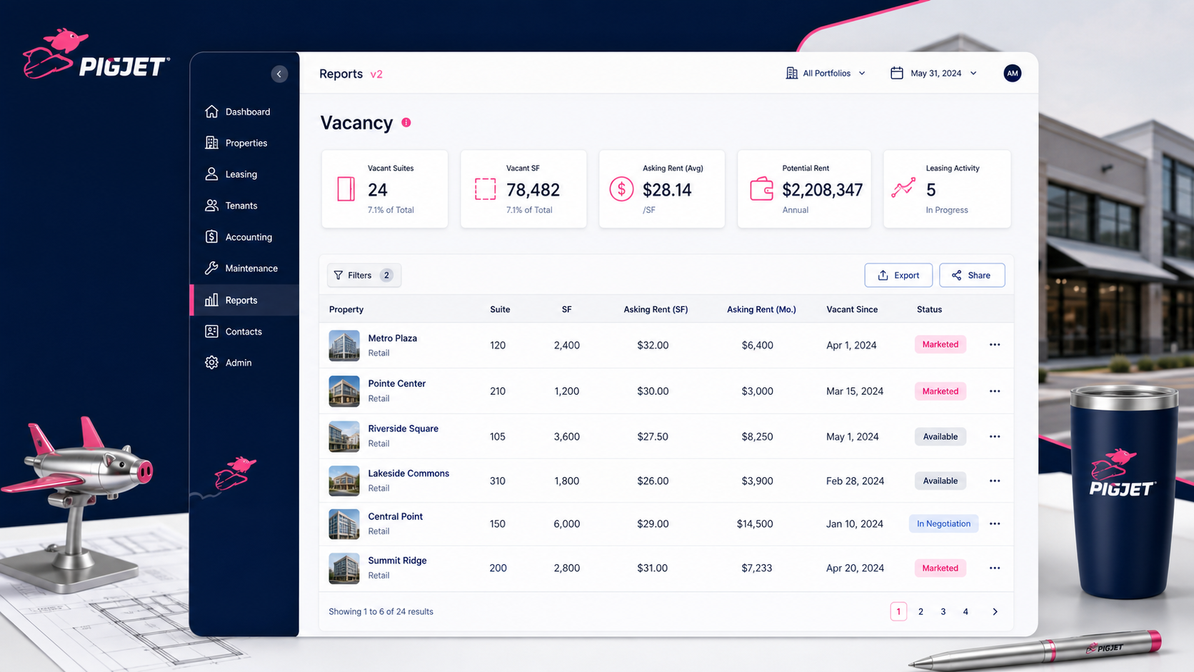PigJet Vacancy report dashboard showing vacant suite KPIs, asking rent, rentable square feet, status, and export controls.