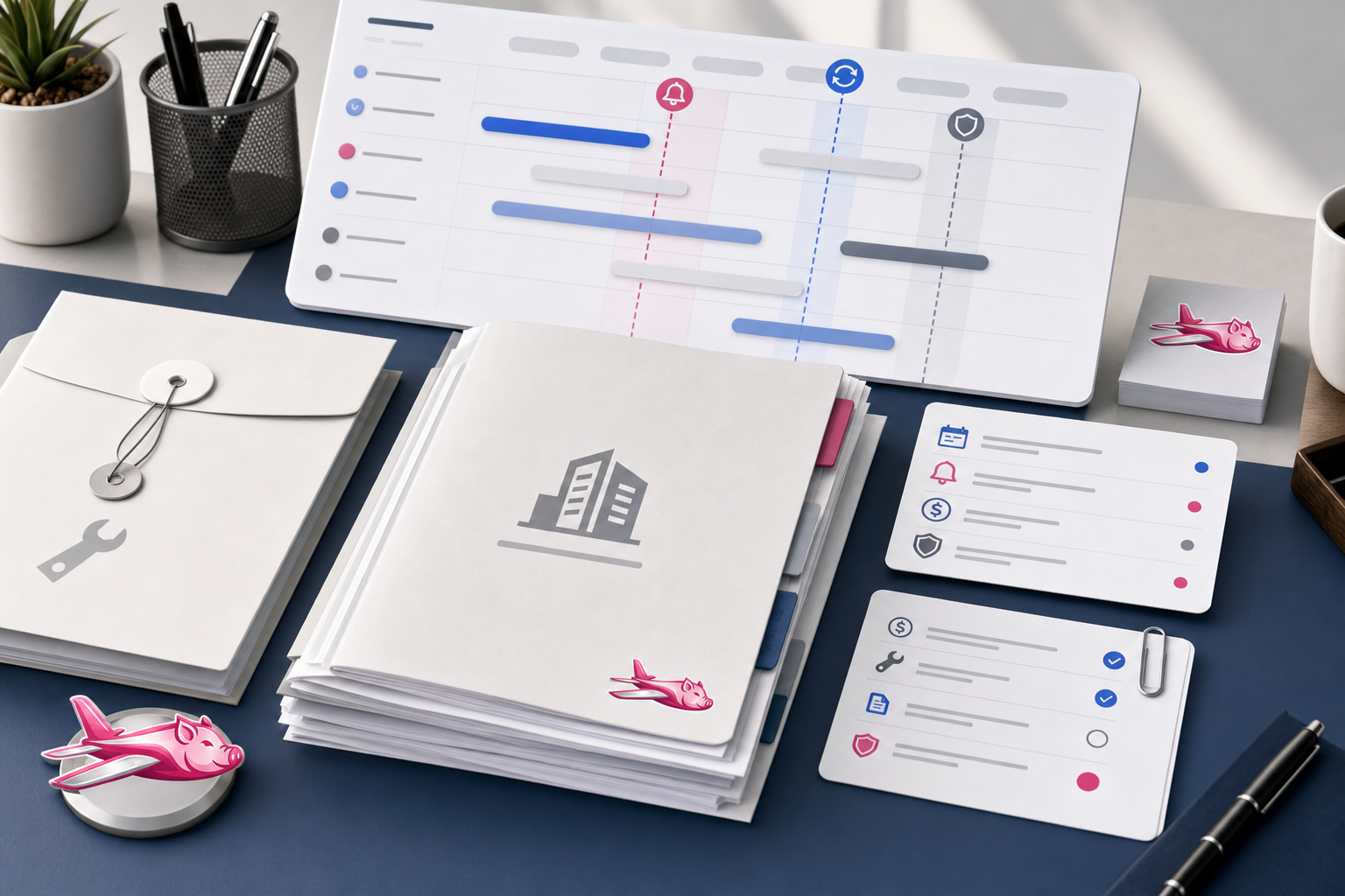 Commercial property operations desk with a vendor agreement, certificate of insurance, and renewal calendar for a retail center.